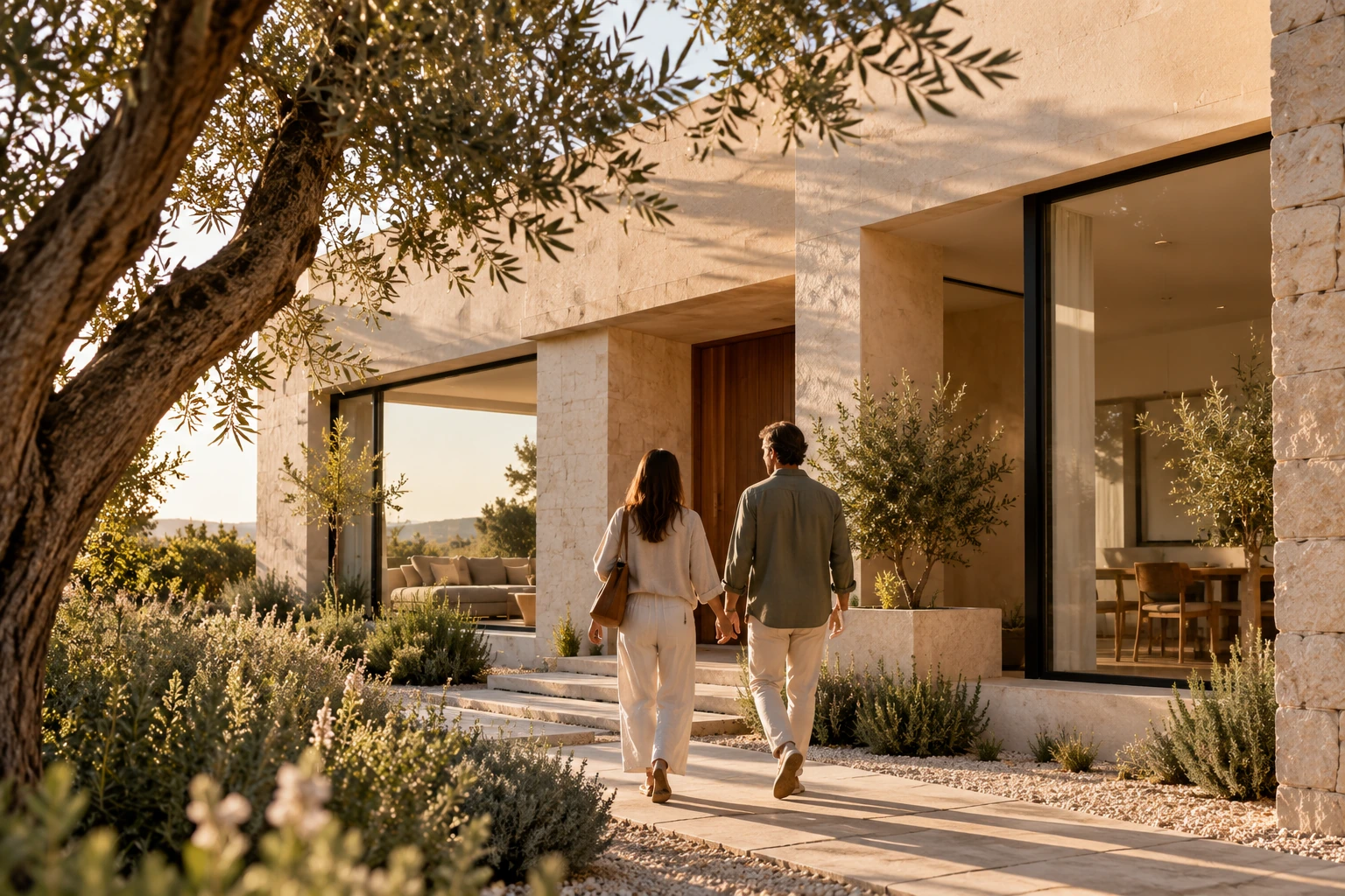 Pareja acercándose a una casa contemporánea de arquitectura mediterránea